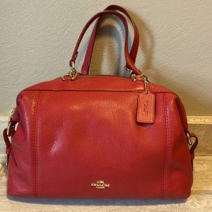 Coach red leather satchel with cross body strap included. Like new condition.